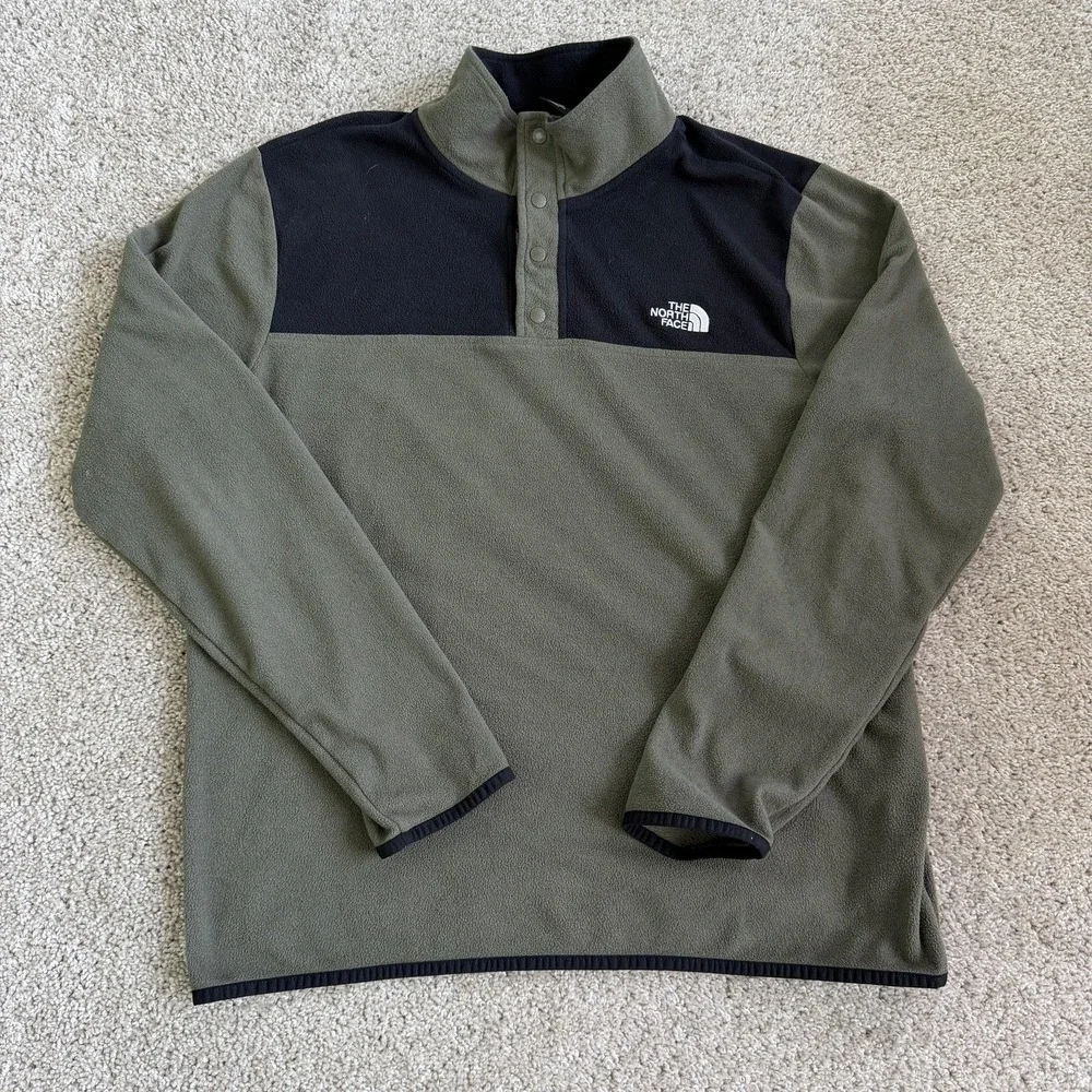 The North Face Jacket Mens Large Green Black Fleece Snap Pullover Logo